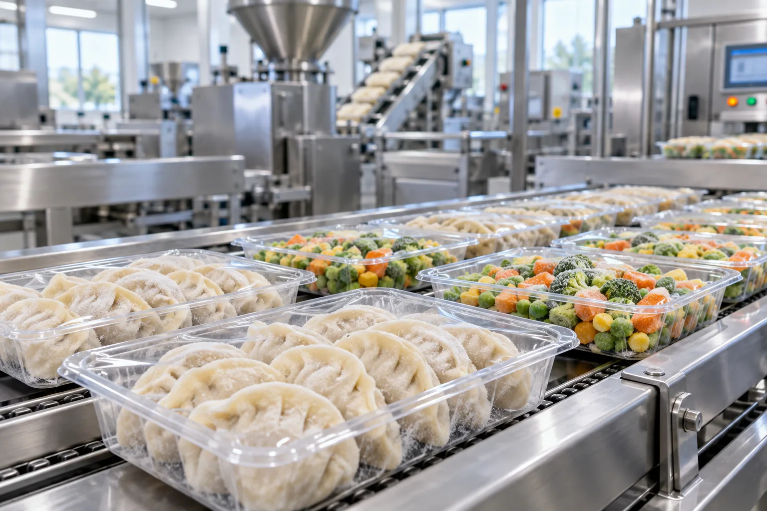 Trays of frozen food on a stainless steel production conveyor