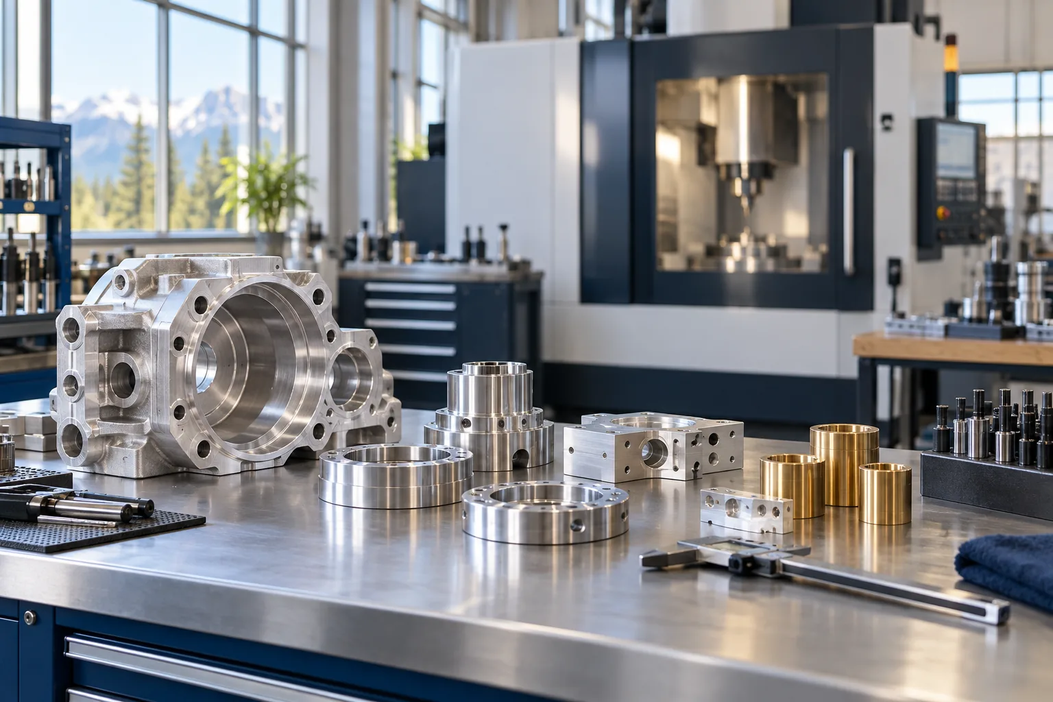 Machined metal components in a modern manufacturing workshop