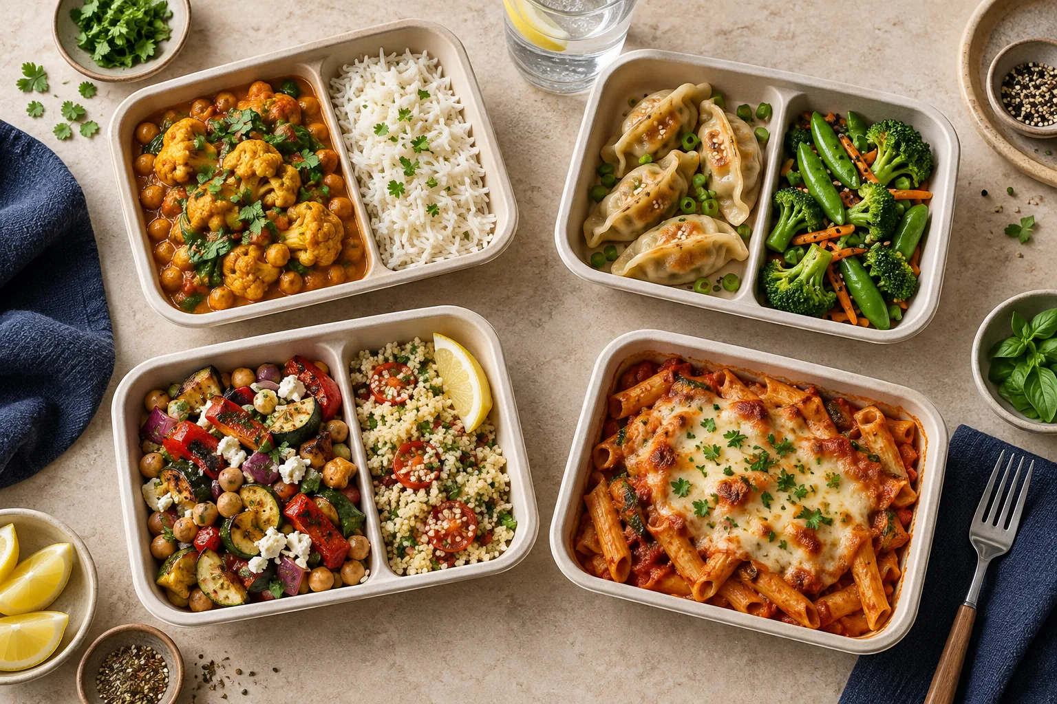 Prepared meals including curry and rice, dumplings, chickpeas and baked pasta